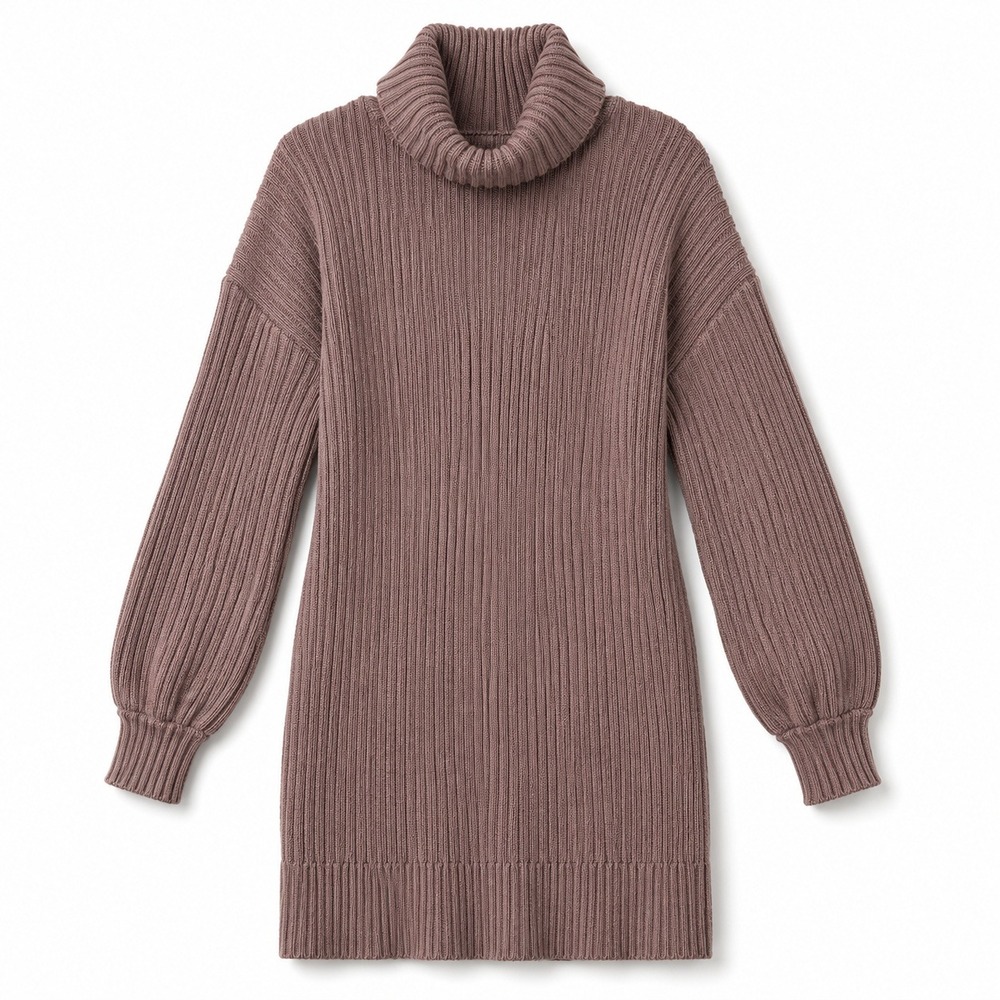 ANRABESS Ribbed Knit Sweater Dress Mauve Turtleneck Mini Women's Small
